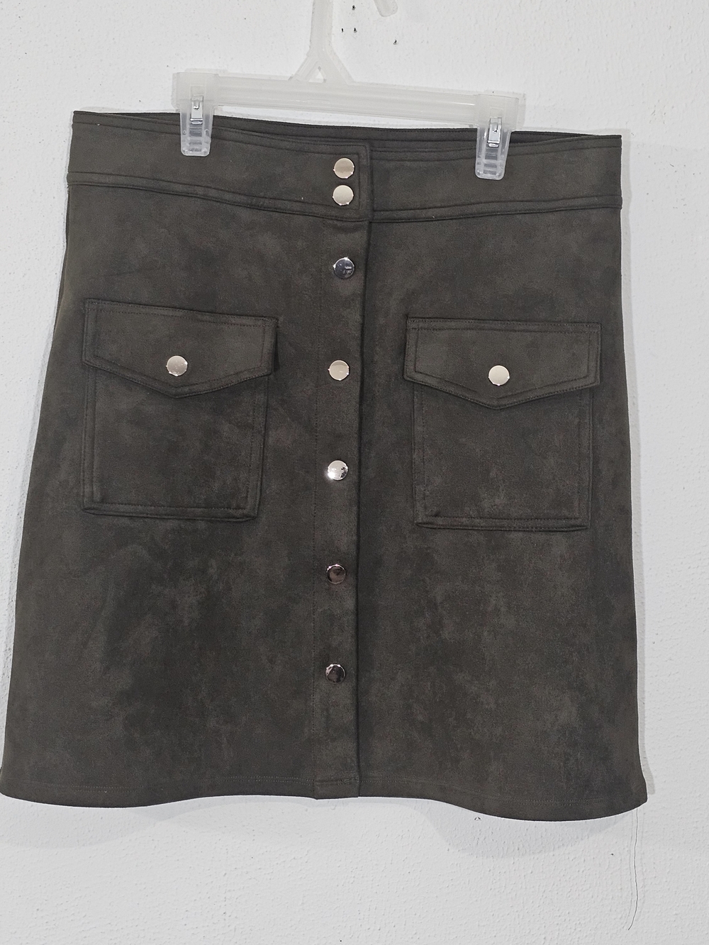 Philosophy‎ Republic Clothing Faux Suede Skirt Size 10 Olive Green A-Line Button